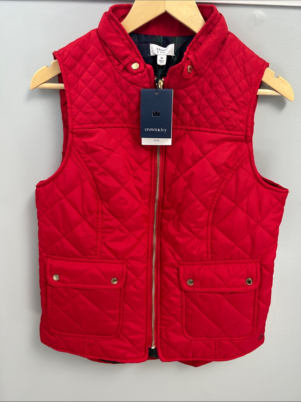 crown & ivy Bright Red Quilted Vest Womens M NWT
